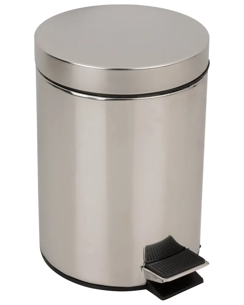 Rund pedalspand i rustfrit stål med fladt låg og sort rillet fodpedal. Kompakt design, ideel til badeværelser eller små rum. Glat, blank overflade.