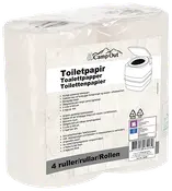 CampOut toiletpapirpakke med 4 hvide ruller, pakket i plast med produktlabel og campingmotiv.