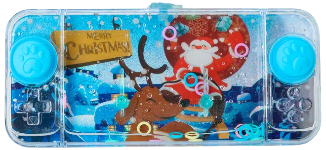 Handhållet vattenringsspel med blå tassknappar, julmotiv med tomte och ren, genomskinligt plastfodral och färgglada ringar inuti för lek.