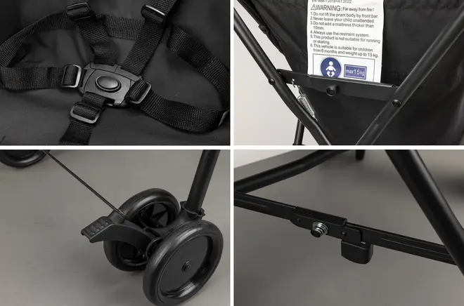 Sort klapvogn med fem-punkts sele, solid metalramme, bagerste hjul med bremsepedal og tydelig sikkerhedsinstruktion. Velegnet til børn op til 15 kg.