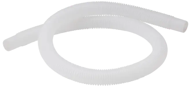 Flexibel, genomskinlig plastslang med räfflad yta, lämplig för dränering eller vattenöverföring. Lätt och hållbar, cirka en meter lång, med öppna ändar för enkel anslutning.