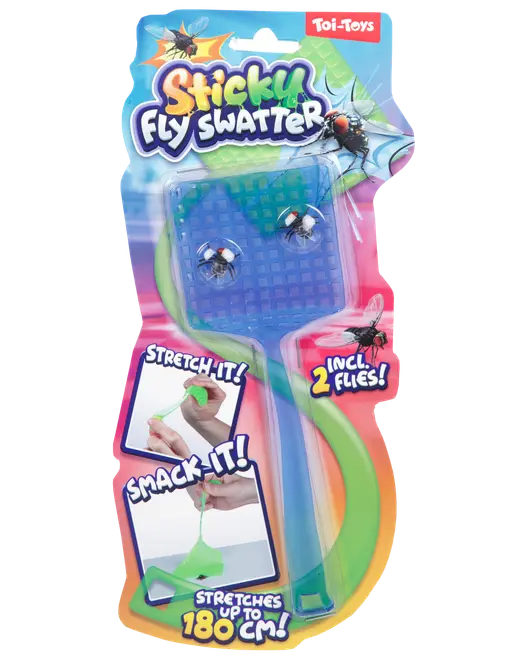 Klistret fluesmækker-legetøj med blåt hoved og grønt håndtag, inkluderer to falske fluer, kan strækkes op til 180 cm, til leg eller fangst af legetøjsfluer.