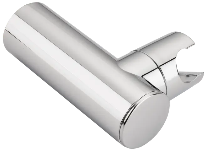 Vægmonteret bruseholder i krom med cylindrisk design, åben slids til brusehoved og glat, poleret overflade til moderne badeværelsesindretning.