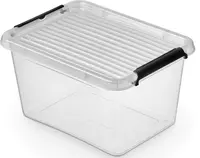 Genomskinlig plastförvaringslåda med räfflat lock och svarta låshandtag på sidorna. Stapelbar och hållbar för förvaring av olika saker.