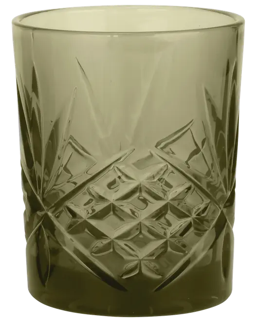 Grønt glas med facetslebet diamant- og bladmønster, cylindrisk form, tyk bund og glat kant. Velegnet til whisky eller andre drikkevarer.