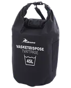 Sort vasketøjspose med 45 liters kapacitet, rullelukning og bærehåndtag. Robust materiale, mærket med Nakano og vasketøjsymboler. Velegnet til opbevaring og transport af tøj.