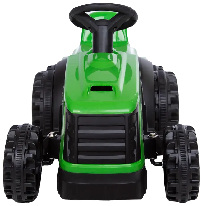 Grøn plastik pedaltraktor med sort rat, fire store teksturerede hjul og detaljeret frontgitter. Velegnet til børn, designet til leg både inde og ude.