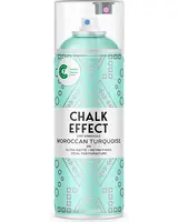 Spraydåse med kalk-effekt maling i marokkansk turkis, ultra mat retro finish, ideel til møbler. Dekorativt geometrisk mønster på etiketten, kulstofneutral produkt, klar plastlåg.