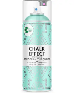 Spraydåse med kalk-effekt maling i marokkansk turkis, ultra mat retro finish, ideel til møbler. Dekorativt geometrisk mønster på etiketten, kulstofneutral produkt, klar plastlåg.