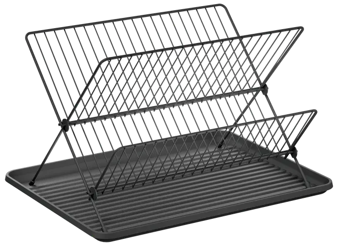 Svart diskställ i metall med två nivåer för tallrikar och koppar, hopfällbar design och räfflad plastbricka för vattenavrinning. Modern, platsbesparande köksaccessoar.