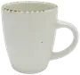 Hvid keramikkop med stort håndtag, diskrete brune prikker og dekorativ, let ujævn brun kant. Enkel, rustik stil, velegnet til varme drikke som kaffe eller te.