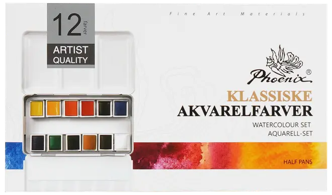 Phoenix Akvarelfarver 12 stk. - klassisk
