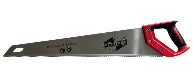 Mitsutomo 22-tommers håndsav med langt gråt stålklinge, rødt og sort ergonomisk håndtag samt 8 TPI, 9-tands specifikation.