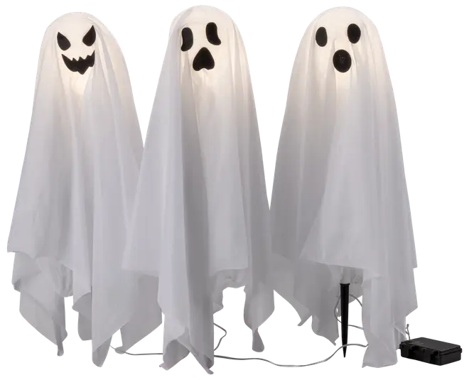 Set med tre upplysta Halloween-spökdekorationer med vita tygdraperier och svarta ansiktsdrag. Varje spöke har unikt ansikte, stöds av ställningar, passar för inomhus eller utomhus.