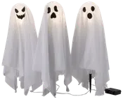 Set med tre upplysta Halloween-spökdekorationer med vita tygdraperier och svarta ansiktsdrag. Varje spöke har unikt ansikte, stöds av ställningar, passar för inomhus eller utomhus.
