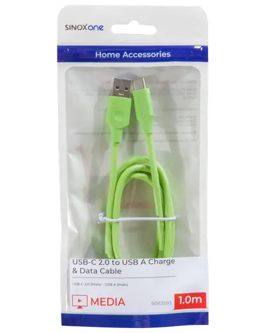 Grön USB-C 2.0 till USB-A laddnings- och datakabel, 1 meter lång. Förpackad i klar plastpåse, passar laddning och dataöverföring. Hane till hane kontakter.