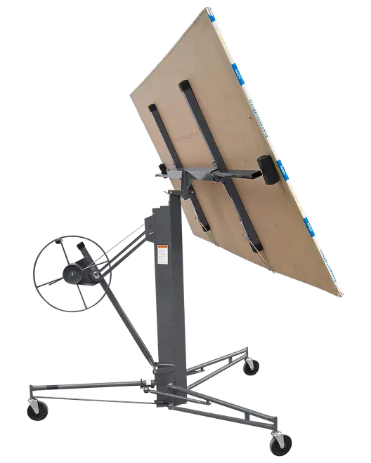 Gipshejs med solid metalramme, justerbar vippefunktion, håndsving og fire drejehjul for nem bevægelse. Ideel til sikker løft og montering af gipsplader.