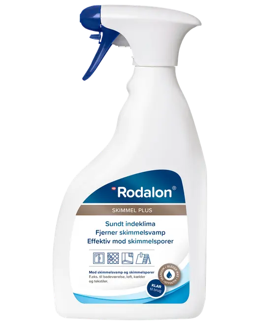 Rodalon Skimmel Plus sprayflaske, hvid med blåt håndtag, fjerner skimmelsvamp og sporer. Velegnet til badeværelse, loft, kælder og tekstiler. Klar til brug, effektiv virkning.