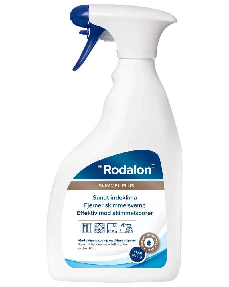 Rodalon Skimmel Plus sprayflaske, hvid med blåt håndtag, fjerner skimmelsvamp og sporer. Velegnet til badeværelse, loft, kælder og tekstiler. Klar til brug, effektiv virkning.
