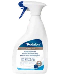 Rodalon Skimmel Plus sprayflaske, hvid med blåt håndtag, fjerner skimmelsvamp og sporer. Velegnet til badeværelse, loft, kælder og tekstiler. Klar til brug, effektiv virkning.