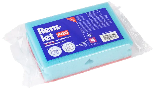 Pakke med to rektangulære rengøringssvampe, blå med pink skureside, indpakket i klar plast. Egnet til forskellige rengøringsopgaver, mærket "Rens-let PRO" på pakken.
