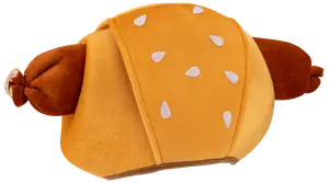 Mjukdjur formad som en hamburgare med brun bulle, vita sesamfrön och två stoppade kycklingben. Mjukt tyg, passar för mys eller dekoration.