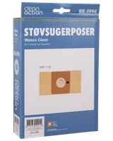 Pakke med 5 Wasco Clean støvsugerposer, passer til flere modeller. Papkrave med rund åbning for nem montering. Produktnummer NR.4994. Blå og hvid emballage.