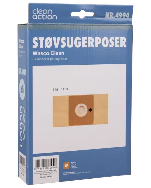 Förpackning med 5 Wasco Clean dammsugarpåsar, passar flera modeller. Kartongkrage med rund öppning för enkel montering. Produktnummer NR.4994. Blå och vit förpackning.