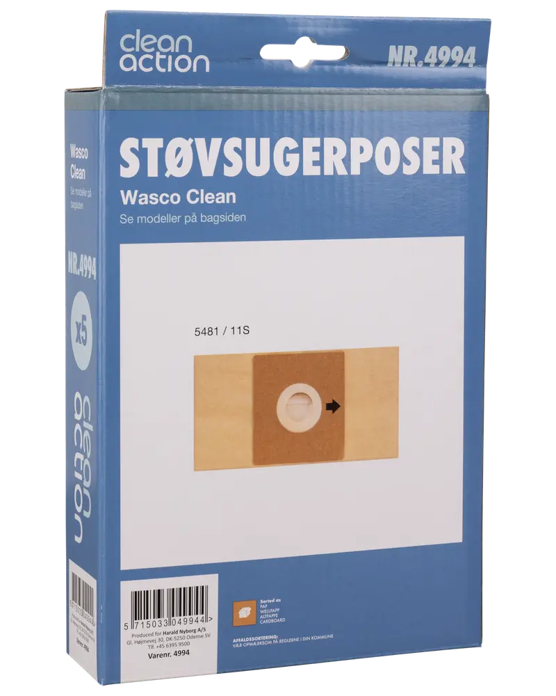 Pakke med 5 Wasco Clean støvsugerposer, passer til flere modeller. Papkrave med rund åbning for nem montering. Produktnummer NR.4994. Blå og hvid emballage.