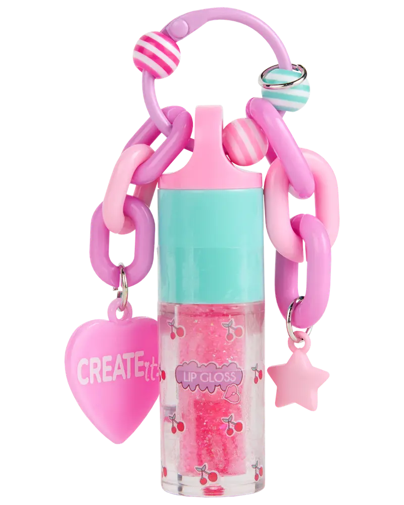 Lyserød og blå lipgloss med kirsebærprint, kraftig pastelkæde, hjerte- og stjernevedhæng samt stribede perler. Sjov og dekorativ emballage til børn eller teenagere.