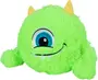 Lysende grøn plysbamse formet som et rundt monster med ét stort blåt øje, smilende mund med hvide tænder, to gule horn og blød, fluffy tekstur.