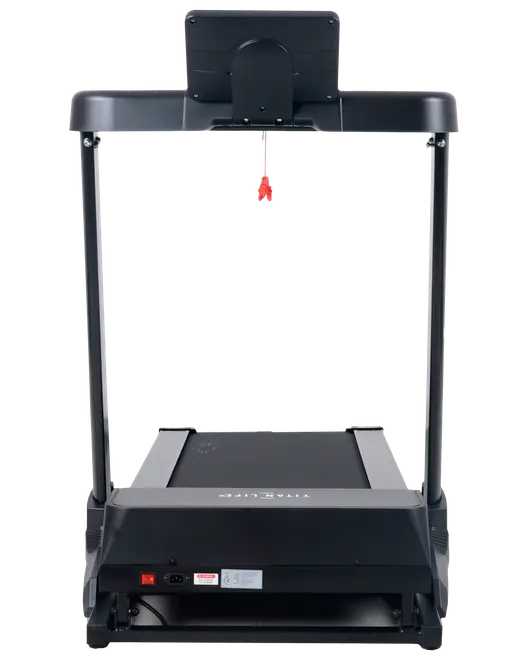 Sort løbebånd med robust ramme, bred løbeflade, digitalt display, sikkerhedsnøgle og kontrolknapper. Velegnet til hjemmetræning, gang eller løb. Moderne design med nem betjening.