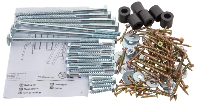 Sæt med bolte, skruer, skiver, gummibøsninger og samlevejledning til gyngestativ. Indeholder metal- og gummidele til montering af udendørs legeredskaber.