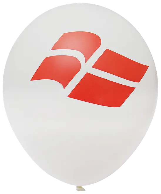 Hvid latexballon med et markant rødt geometrisk logo på forsiden. Velegnet til events, fester eller reklame. Standard rund form med glat, blank overflade.
