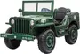 Grøn legetøjs militærjeep med realistiske detaljer, forlygter, frontgitter, sidespejle, sorte sæder og militærmærker. Har robuste dæk og aftagelig forrude. Velegnet til børn.