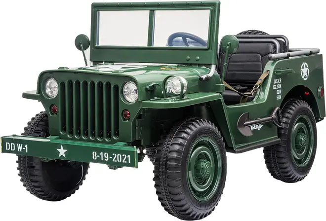 Grøn legetøjs militærjeep med realistiske detaljer, forlygter, frontgitter, sidespejle, sorte sæder og militærmærker. Har robuste dæk og aftagelig forrude. Velegnet til børn.