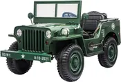 Grøn legetøjs militærjeep med realistiske detaljer, forlygter, frontgitter, sidespejle, sorte sæder og militærmærker. Har robuste dæk og aftagelig forrude. Velegnet til børn.