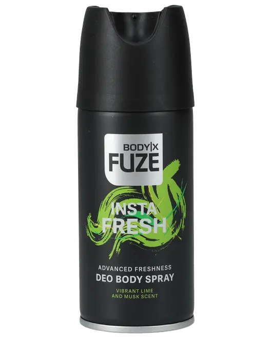 Sort cylindrisk dåse Bodyix Fuze Insta Fresh Deo Body Spray med grøn grafik, mærket med avanceret friskhed og duft af lime og musk. Spraydyse integreret i låget.