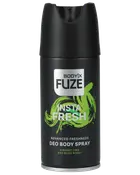 Sort cylindrisk dåse Bodyix Fuze Insta Fresh Deo Body Spray med grøn grafik, mærket med avanceret friskhed og duft af lime og musk. Spraydyse integreret i låget.