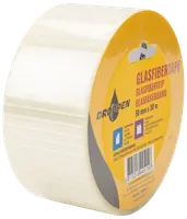 Rulle glasfibertape, 50 mm bred og 30 m lang, gennemsigtig med synlige fibre, stærk og holdbar, velegnet til pakning, reparationer og forstærkning. Mærke: Droppen.
