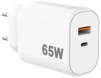Hvid 65W vægoplader med USB-A og USB-C porte, kompakt design, egnet til hurtig opladning. Europæisk stiktype, moderne udseende, holdbart plastkabinet.