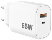 Vit 65W väggladdare med USB-A och USB-C portar, kompakt design, passar för snabbladdning. Europeisk kontakt, modern stil, hållbart plasthölje.