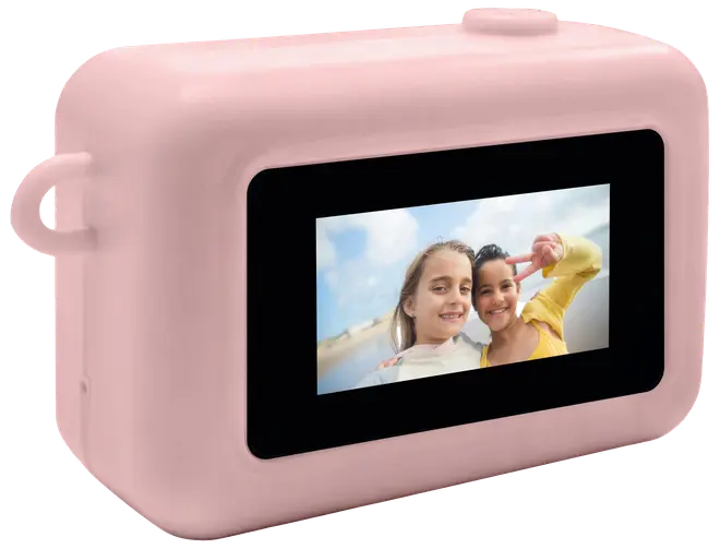Lyserødt digitalkamera til børn med afrundet krop, sidegreb, topknap og bagdisplay med selfievisning.