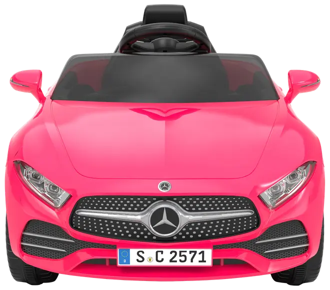 Lyserød Mercedes-Benz elbil til børn med realistisk frontgitter, detaljerede forlygter, sort sæde og rat. Har europæisk nummerplade og sporty, moderne design.