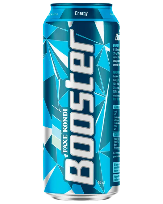 Høj blå Booster energidrikdåse med geometrisk krystaldesign, Faxe Kondi-branding og 50 cl indhold.
