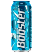 Høj blå Booster energidrikdåse med geometrisk krystaldesign, Faxe Kondi-branding og 50 cl indhold.
