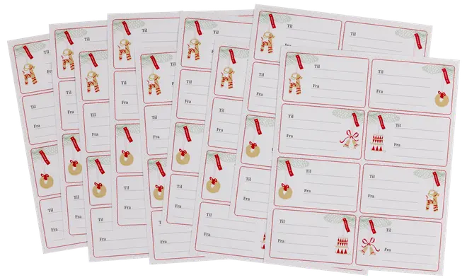 Ark med julklappsetiketter med "Till" och "Från"-fält, dekorerade med julmotiv som kulor, polkagrisar och rosetter. Varje ark har flera etiketter för paket.