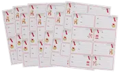 Ark med julklappsetiketter med "Till" och "Från"-fält, dekorerade med julmotiv som kulor, polkagrisar och rosetter. Varje ark har flera etiketter för paket.