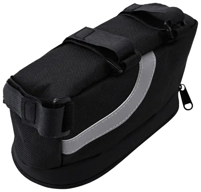 Svart cykelsadelväska i slitstarkt tyg med reflexband för synlighet, säkra spännen och kompakt design. Perfekt för småsaker under cykelturen. Fästs under sadeln.