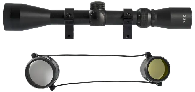 Sort riffelkikkert med justerbar zoom (3-9x40), monteringsbeslag og beskyttende linsekapper. Kikkerten har stor objektivlinse og tydelige justeringsknapper til præcis sigtning.